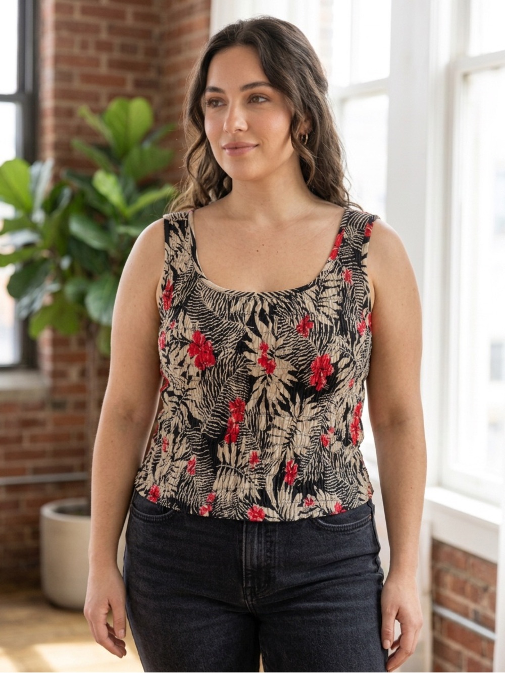Erika Petite PXL Smocked Botanical Sleeveless Top Cotton Rayon Blend Resortwear